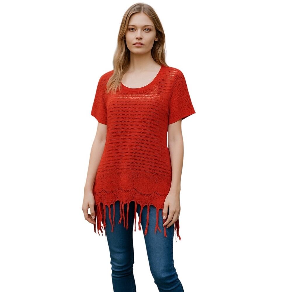 John Paul Richard Size Large Pointelle Knit Fringed Tunic Sweater Boho Chic